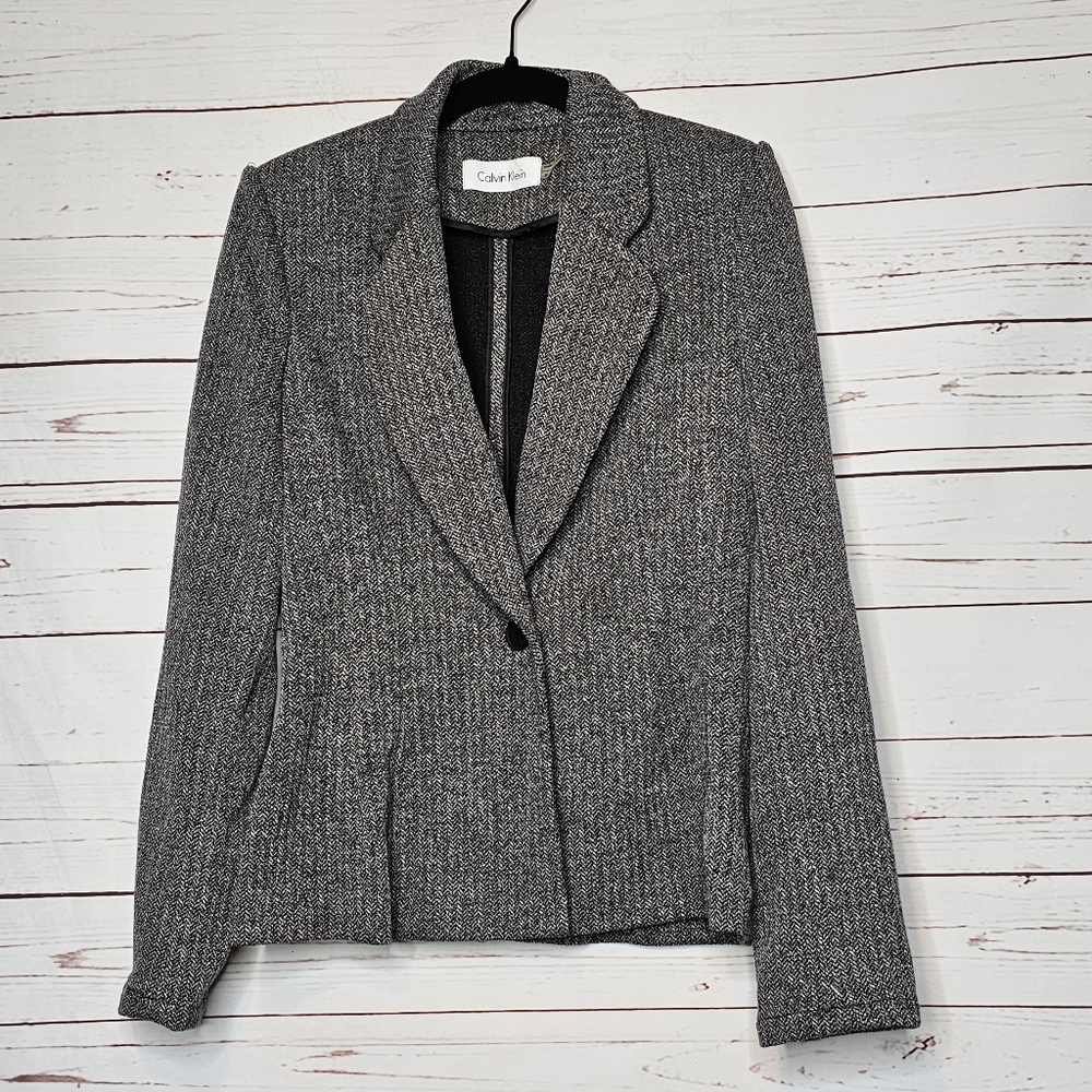 Calvin Klein One Button Gray Herringbone Blazer